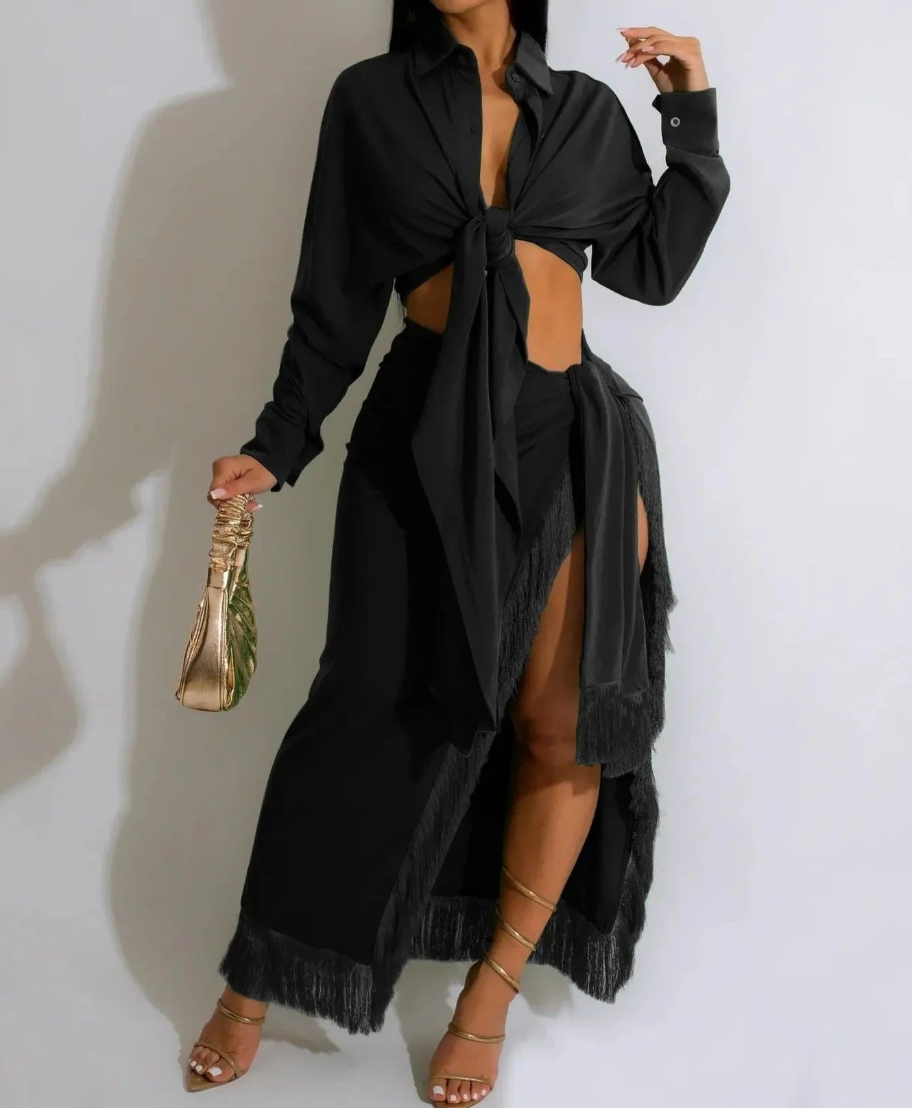 High off Life Tie Up Fringe Skirt Set