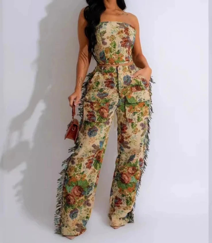 Nature of Women Floral Print Tube Top Wide Leg Cargo Pants Set