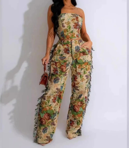Nature of Women Floral Print Tube Top Wide Leg Cargo Pants Set