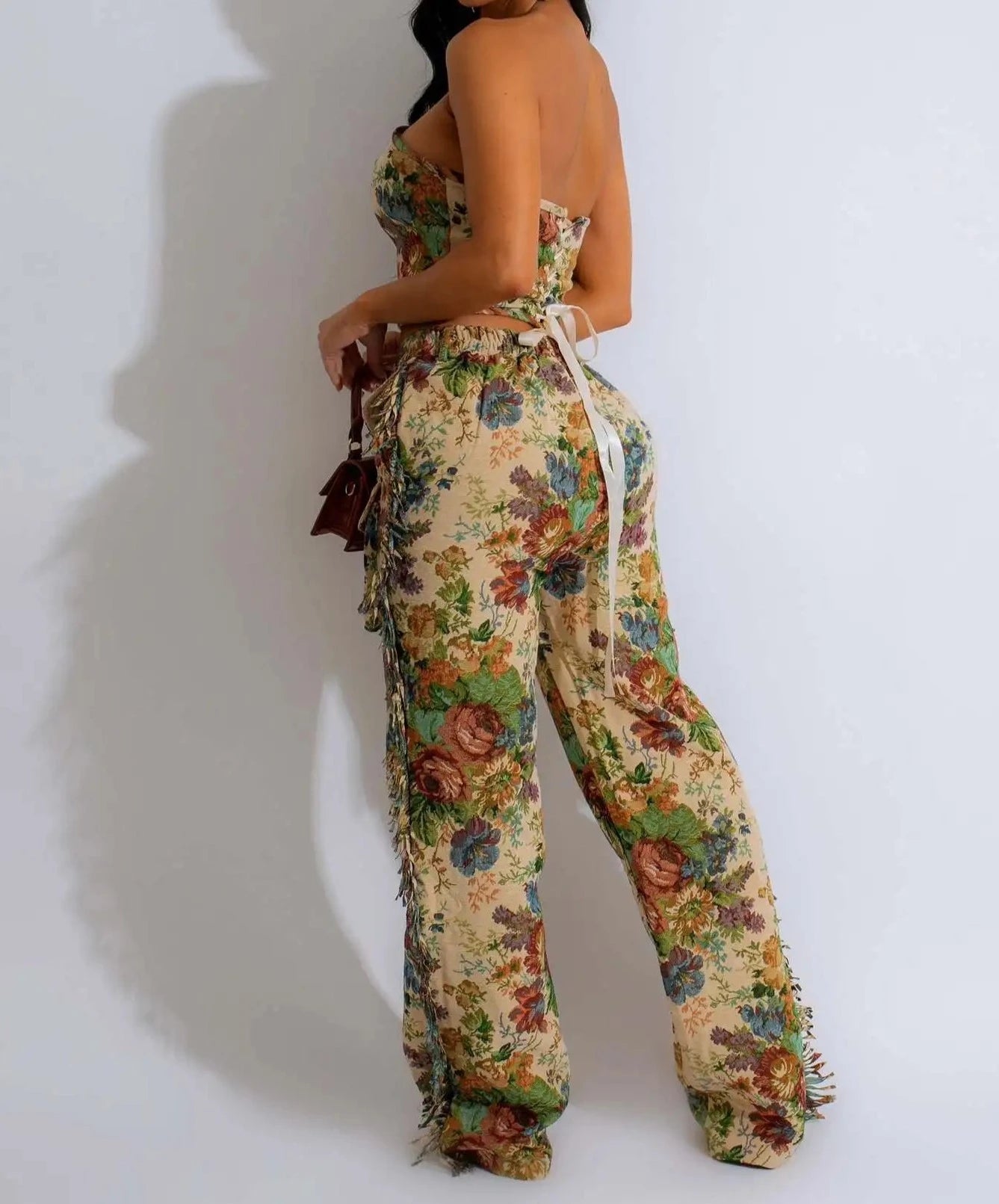 Nature of Women Floral Print Tube Top Wide Leg Cargo Pants Set