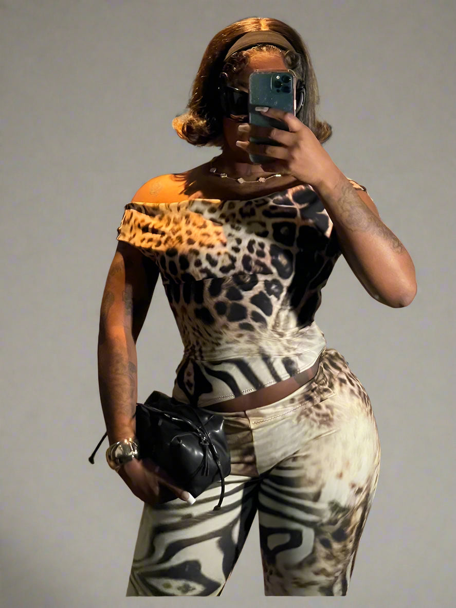 Queen of the Jungle Animal Print Off Shoulder Top Crop Pants Combo