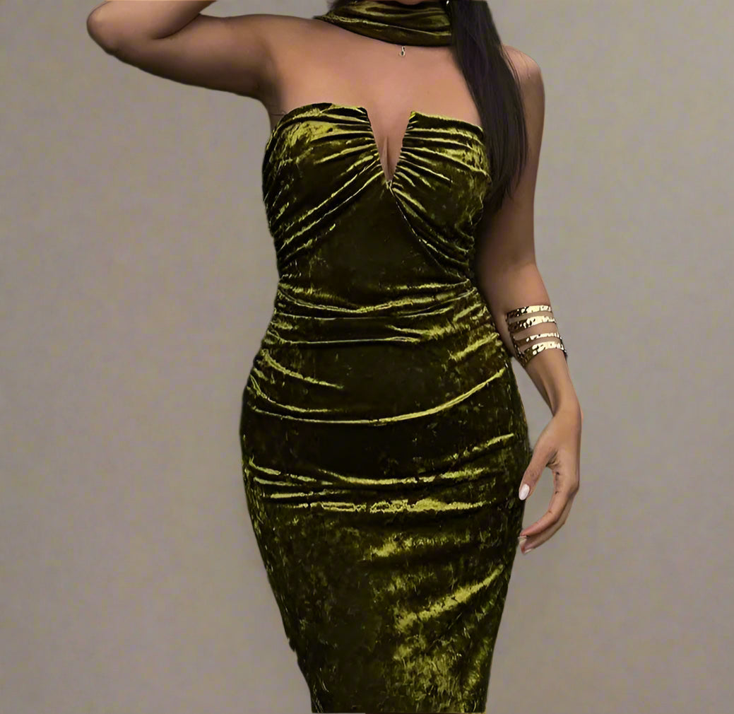 Rich in Beauty Velvet Reverse Halter Midi Dress
