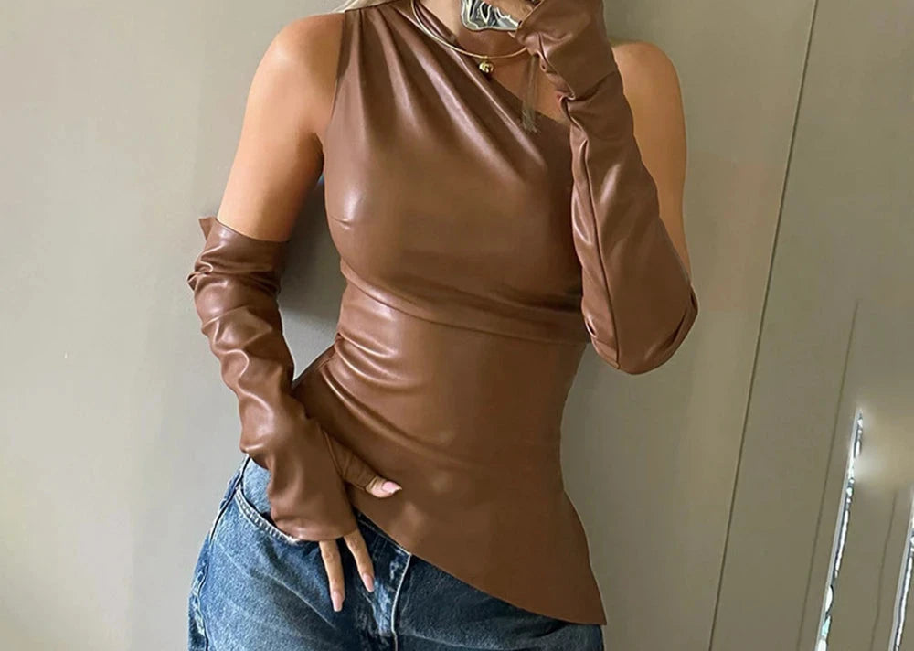 Feminine Edge Faux Leather One Shoulder Top w/ Long Gloves