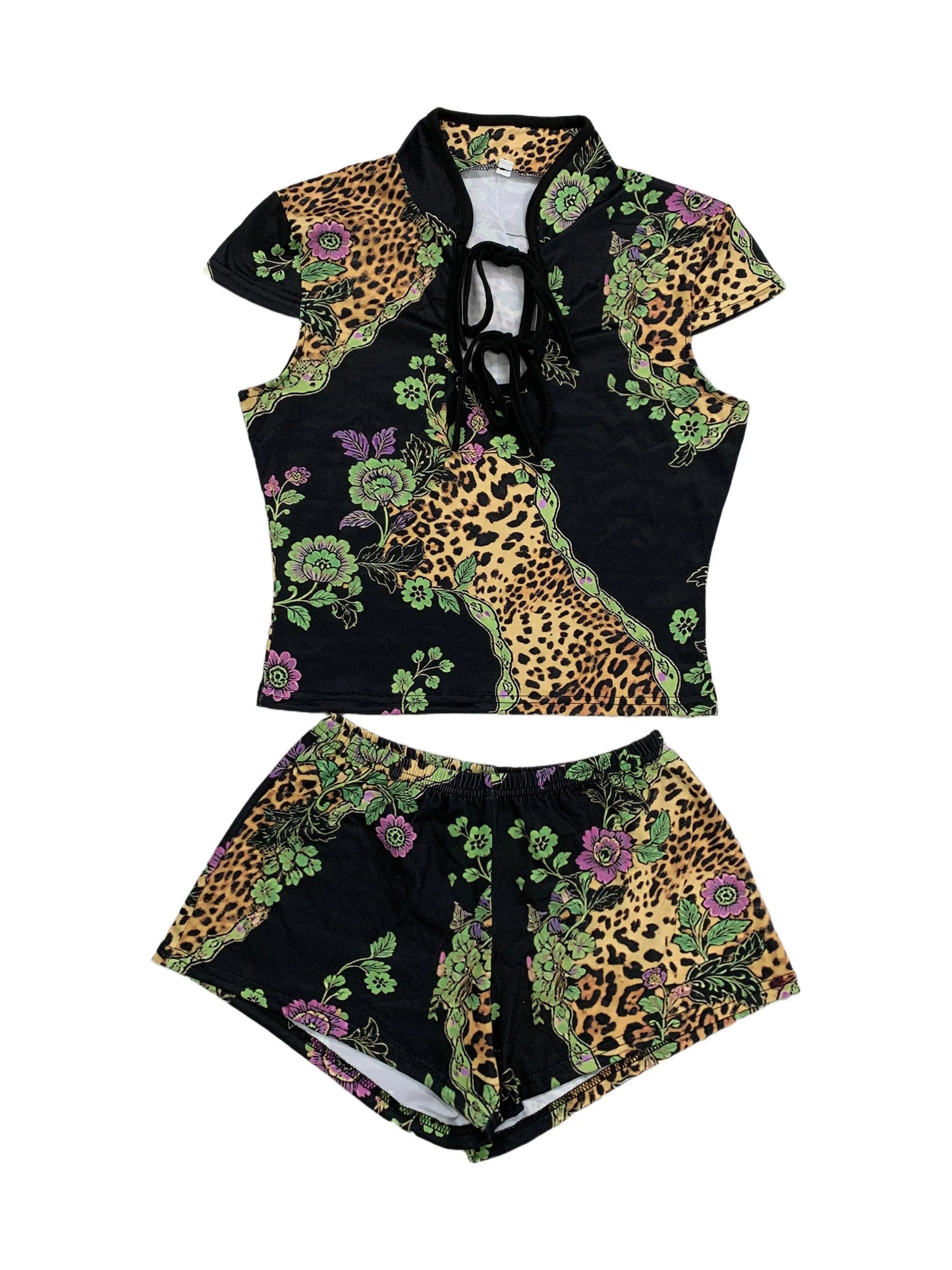 So Be It Mandarin Collar Keyhole Top Mini Shorts Set Combo