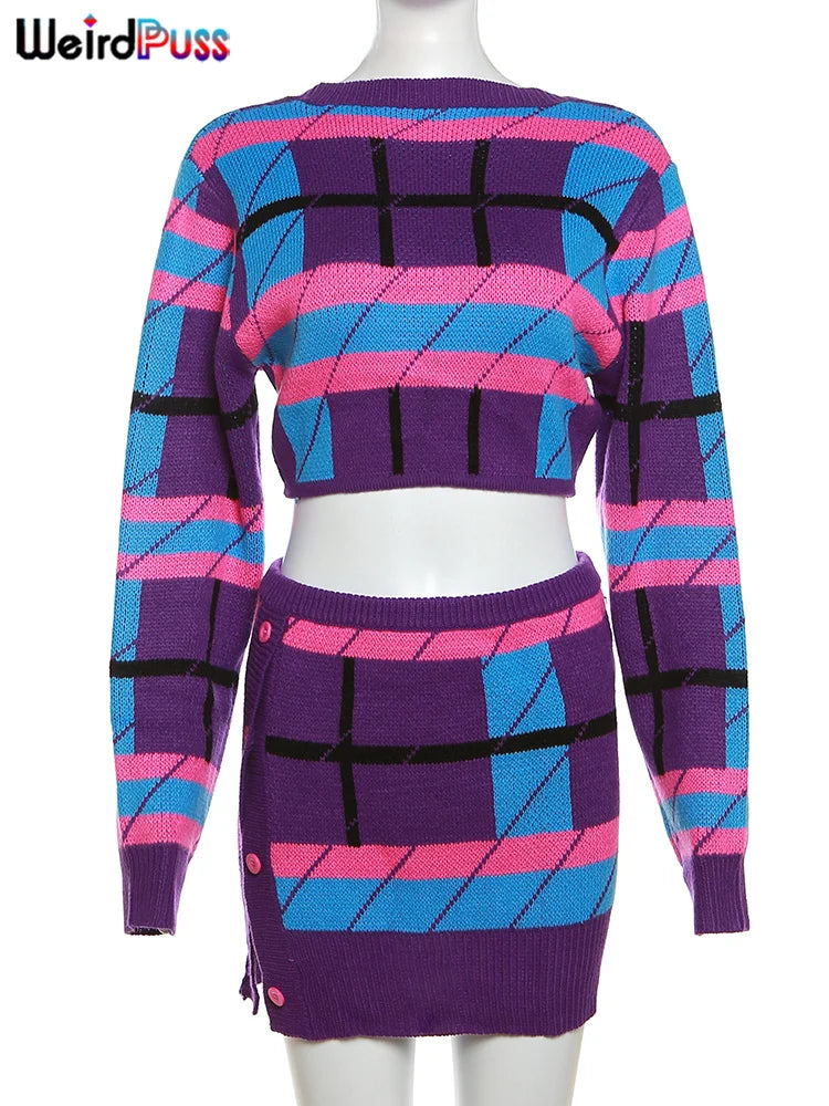 Weird Puss Knit Women 2 Piece Set Stretch Hipster Plaid Backless Bandage Crop Tops+ Button Split Skirts Matching Streetwear Suit