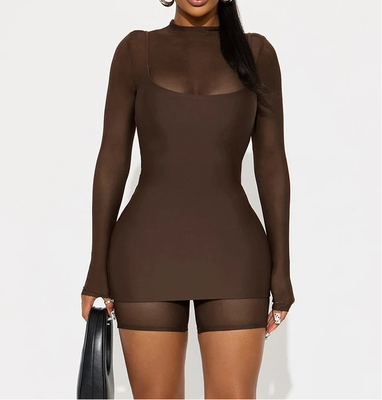 Prettiest Player Mesh Long Sleeve Romper + Overlay Mini Dress Combo
