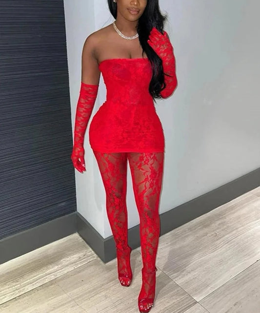 Lace Them Up Mini Dress Stocking + Glove Set