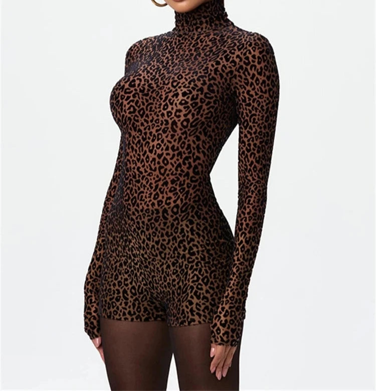 Fall in Line Leopard Print Long Sleeve Turtle Neck Romper
