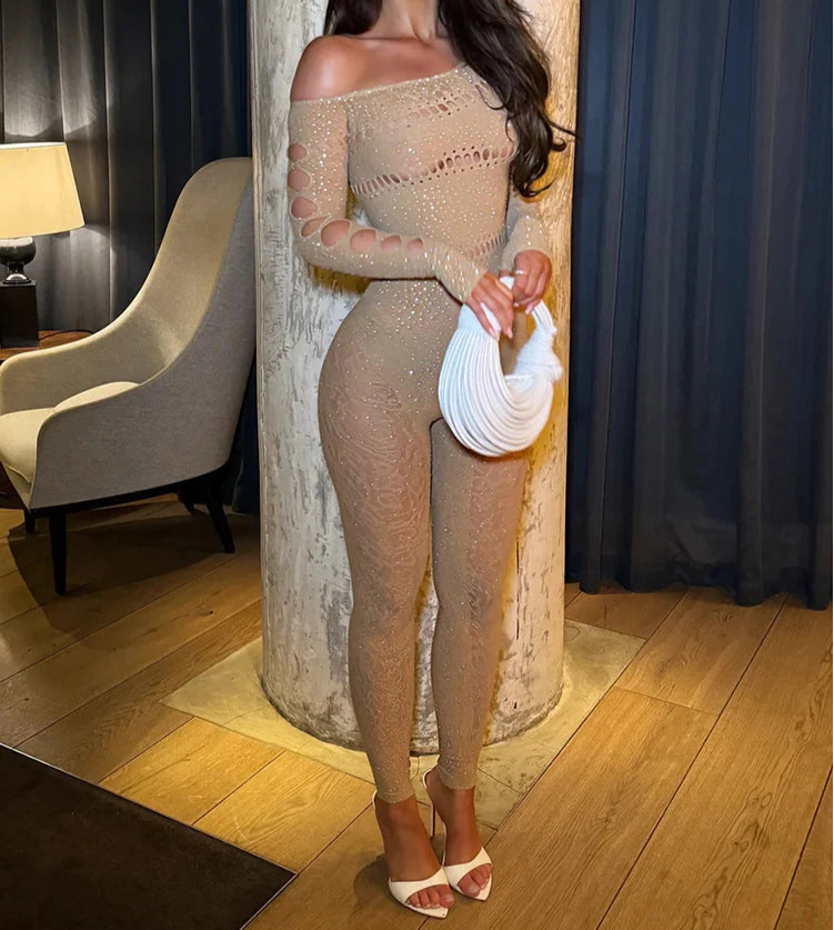 Rare Occasion Off The Shoulder Rhinestone Jumpsuit