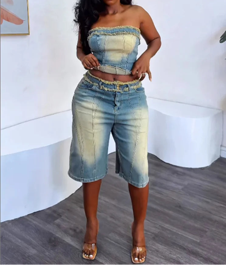 Blue Magic Washed Denim Tube Top + Jorts Combo