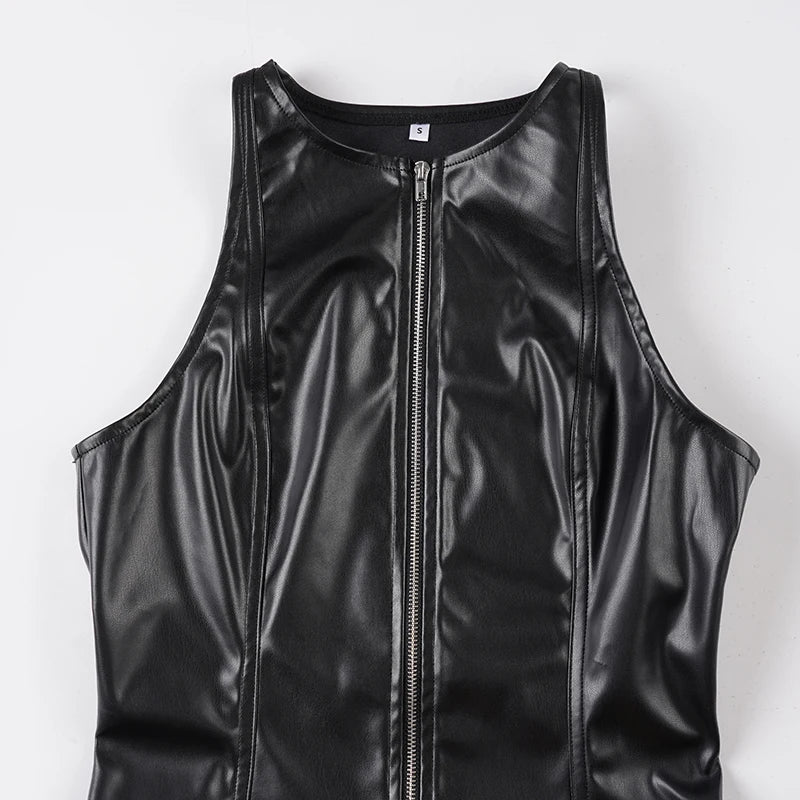 Hard to Get Faux Leather Front Zipper Mini Dress