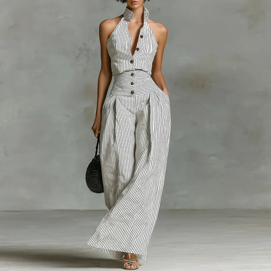 First Lady Wide Leg High Waist Stripe Pants Halter Jumpsuit Romper