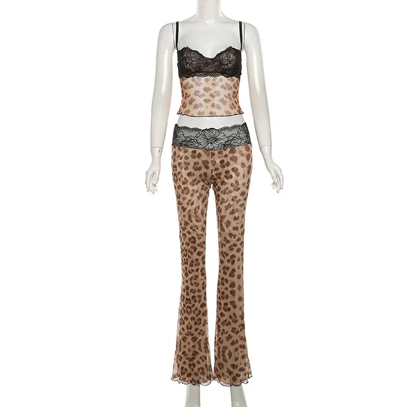 Want My Spot Lace Trim Leopard Pants Set