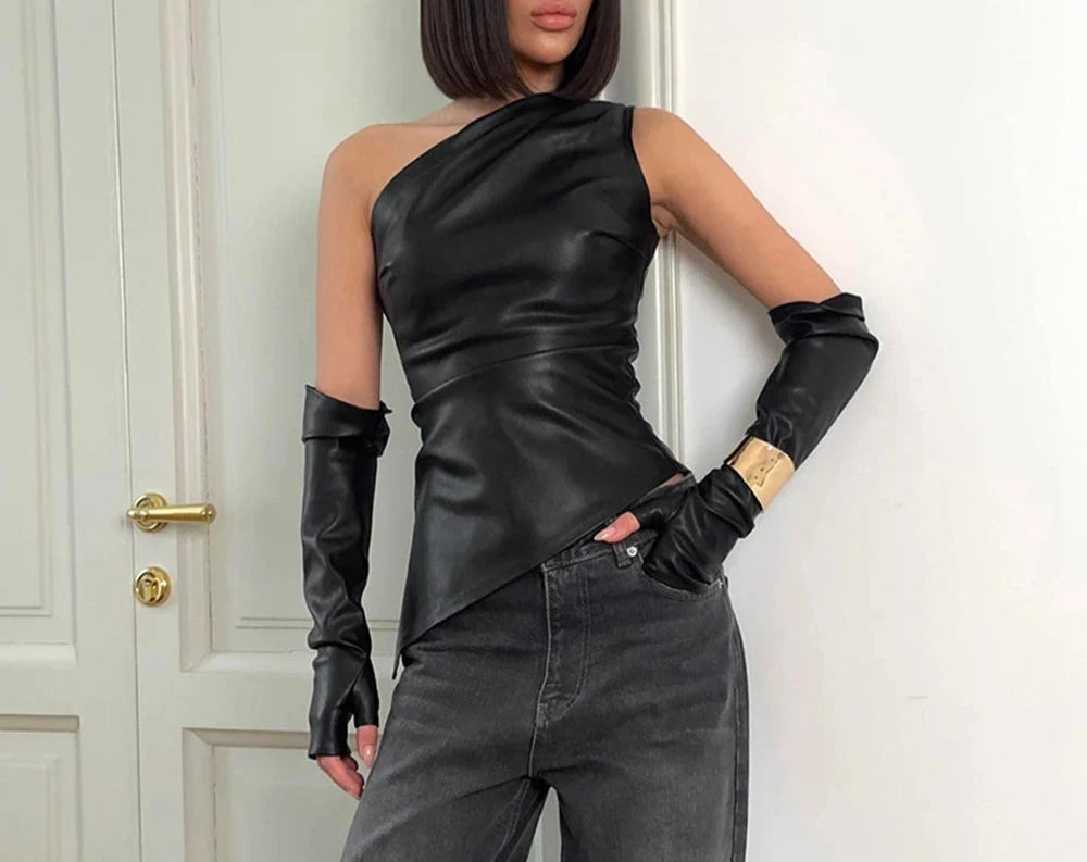 Feminine Edge Faux Leather One Shoulder Top w/ Long Gloves