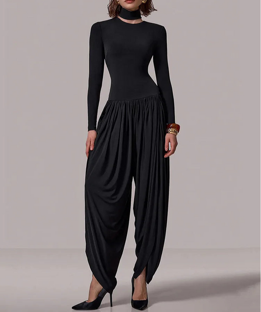 Walk In Authority Draped Leg High Neck Jumpsuit