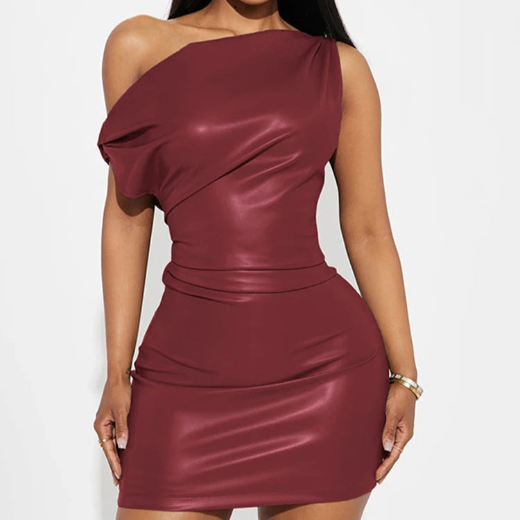 Lowkey High Fashion Ruched Leather Mini Dress