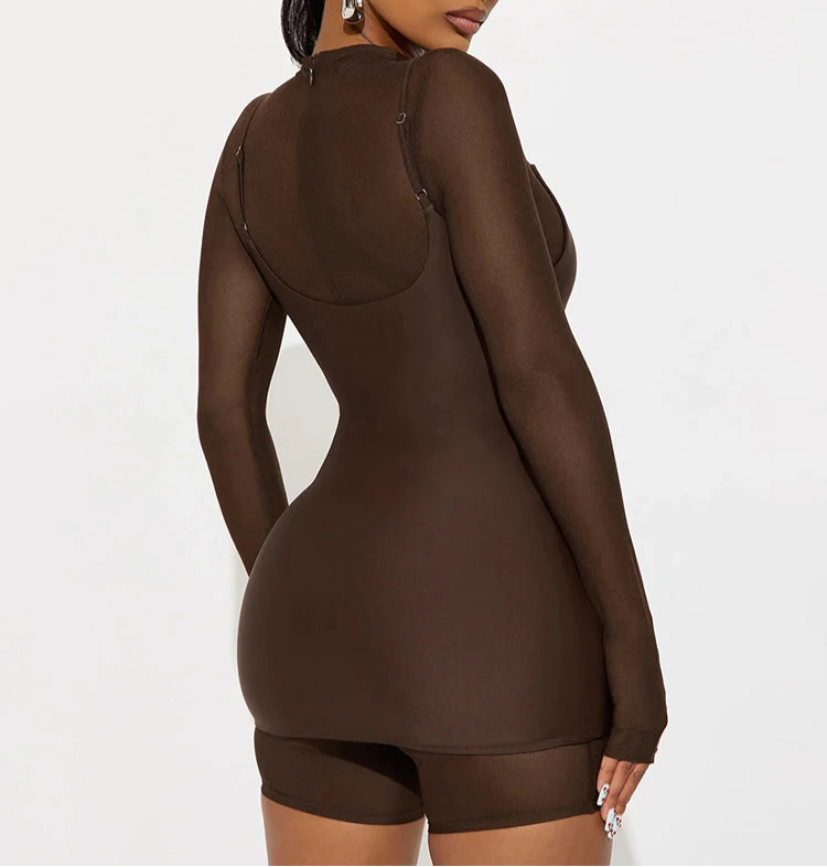 Prettiest Player Mesh Long Sleeve Romper + Overlay Mini Dress Combo