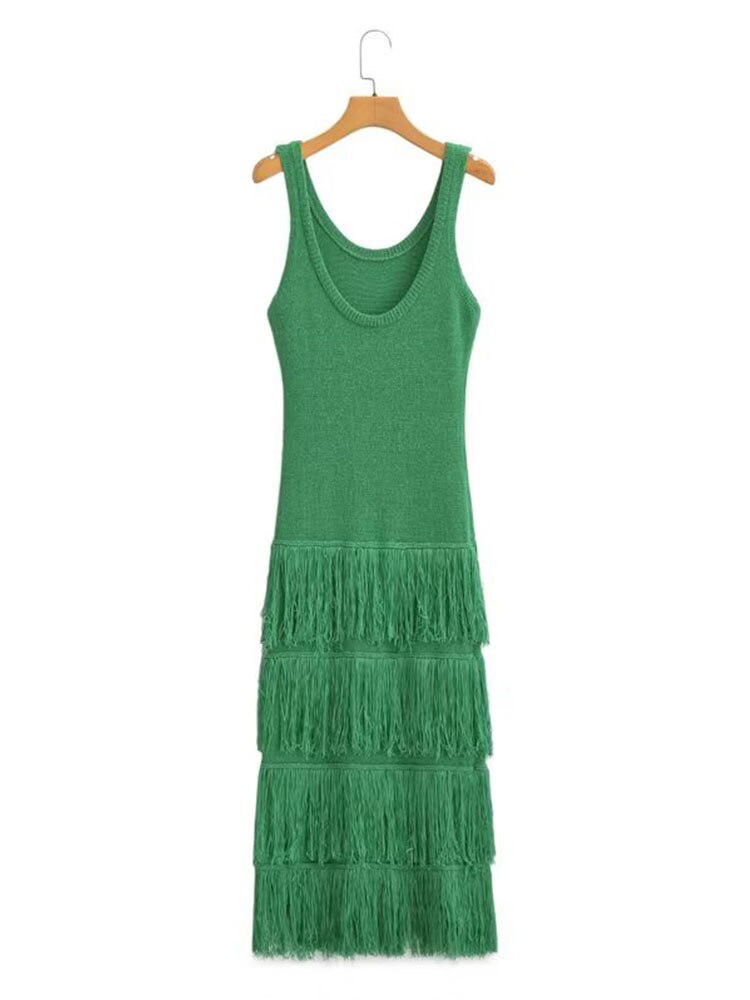TRAF Elegant 2023 Women Solid Tassel Knitted Dresses Summer Female O-Neck Sleeveless Sheath Strap Dresses Two Colors