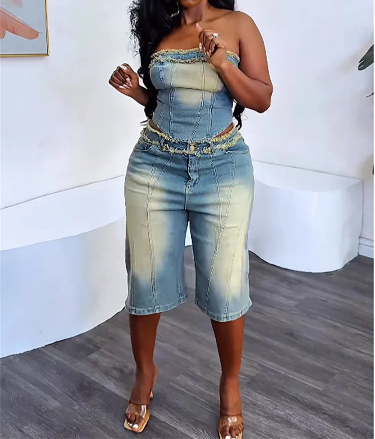Blue Magic Washed Denim Tube Top + Jorts Combo