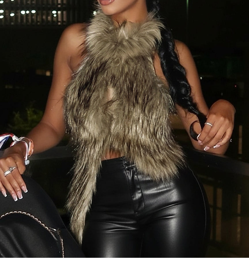 Hell Has No Fury Halter Neck Faux Fur Camisole Top