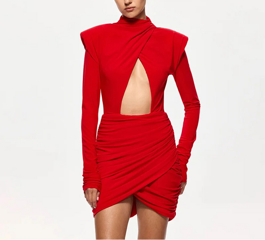 Open Hearted Ruched High Neck Long Sleeve Cut Out Mini Dress