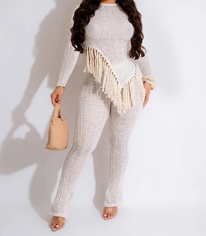 Purefection Long Sleeve Tassel Top Pants Set