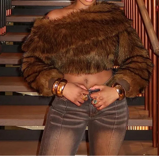 Socialite Faux Fur Off Shoulder Crop Pullover Sweater