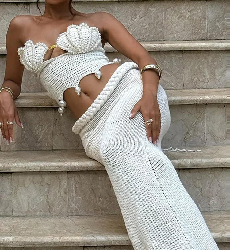 Like What You Sea Crochet Tube Top Skirt Set