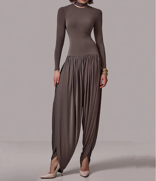 Walk In Authority Draped Leg High Neck Jumpsuit