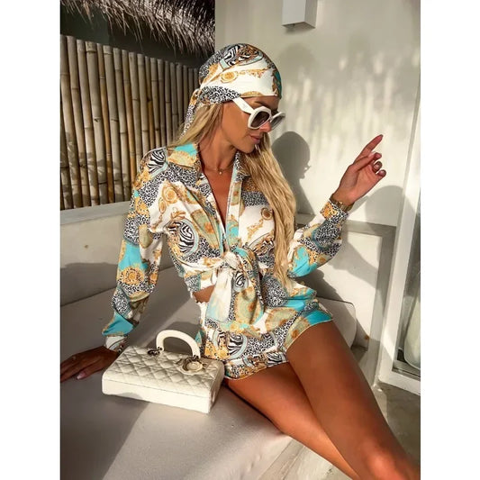 Sundays in St. Tropez Print Button Down Blouse + Shorts and Scarf Set