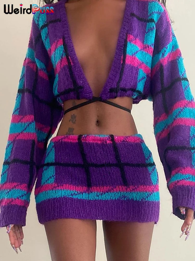 Weird Puss Knit Women 2 Piece Set Stretch Hipster Plaid Backless Bandage Crop Tops+ Button Split Skirts Matching Streetwear Suit