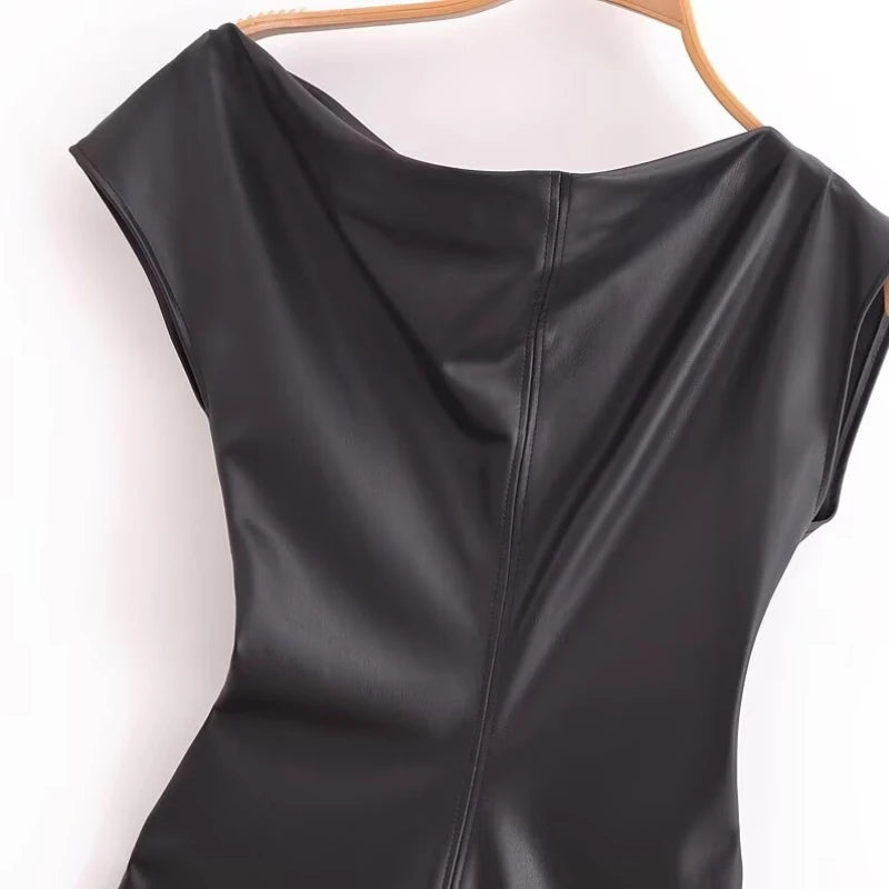 Lowkey High Fashion Asymmetrical Faux Leather Midi Dress