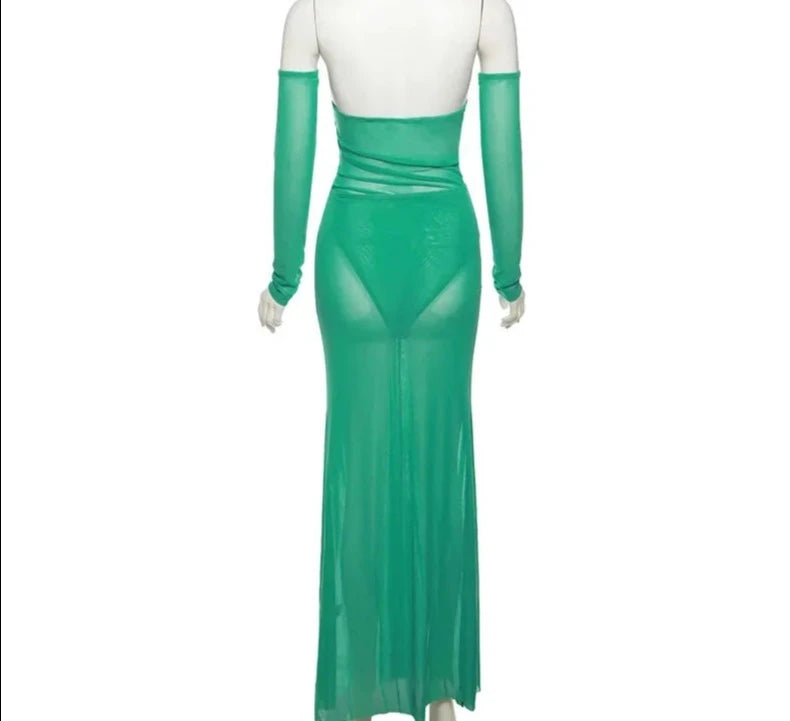 Caribbean Goddess Halter Bodysuit + Drape Mesh Skirt Set w/Detachable Arms