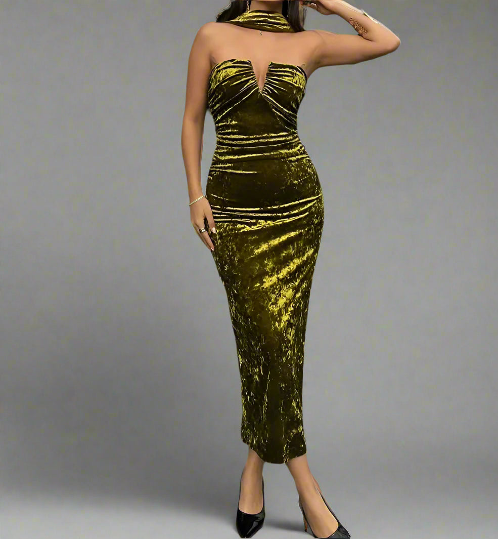 Rich in Beauty Velvet Reverse Halter Midi Dress