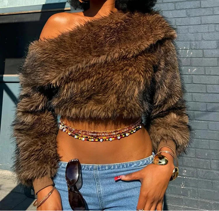 Socialite Faux Fur Off Shoulder Crop Pullover Sweater