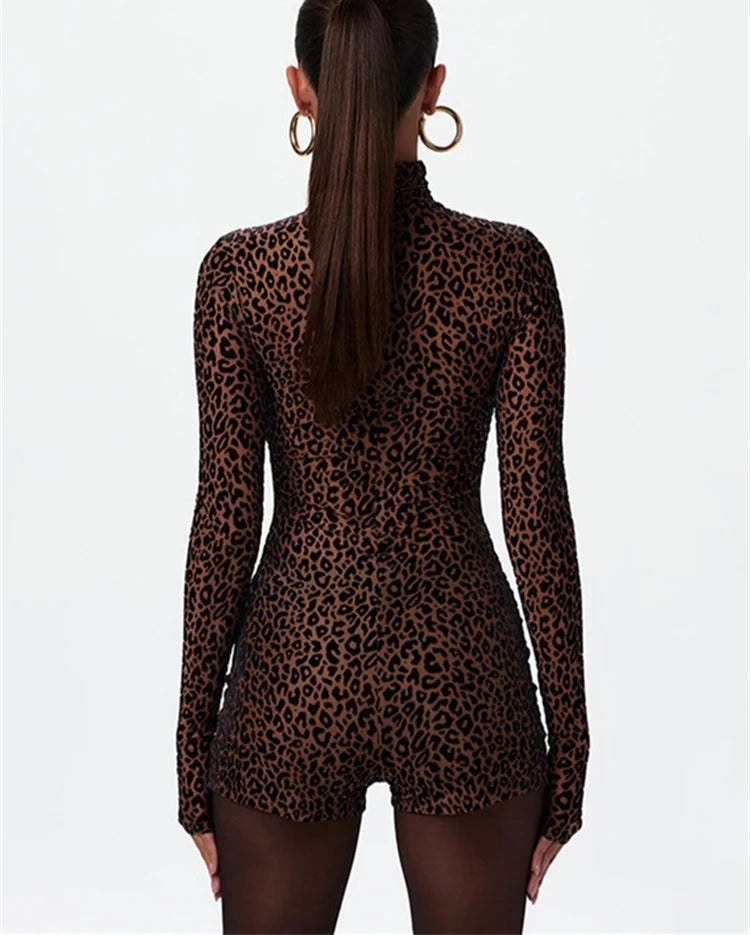 Fall in Line Leopard Print Long Sleeve Turtle Neck Romper