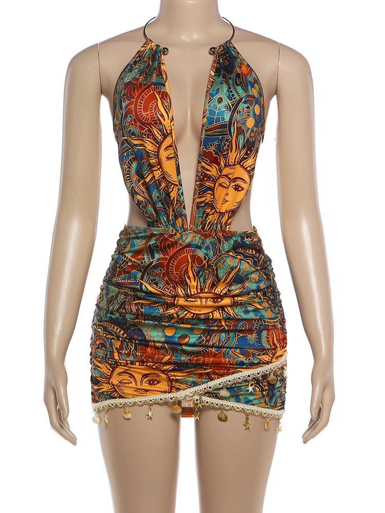 Over SEA Her Deep Cut Print Mini Dress