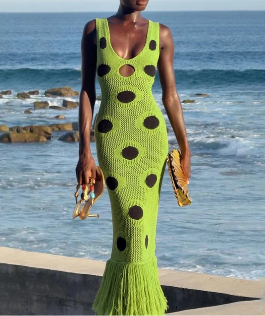 Go With The Flow Knit Polka Dot Fringe Maxi Dress