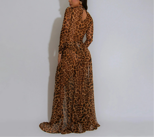 Yours Truly Animal Print Mesh Bodysuit + High Split Wrap Skirt Combo