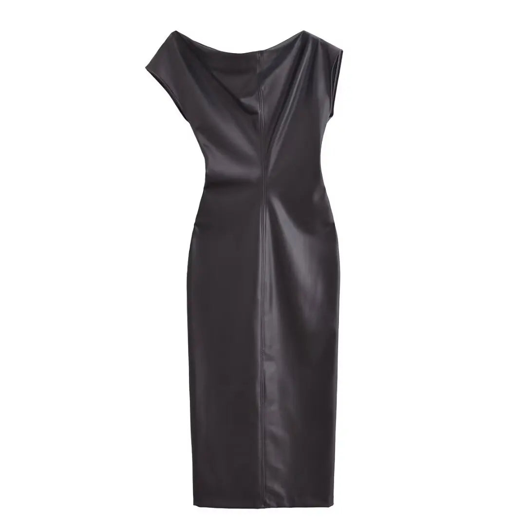 Lowkey High Fashion Asymmetrical Faux Leather Midi Dress