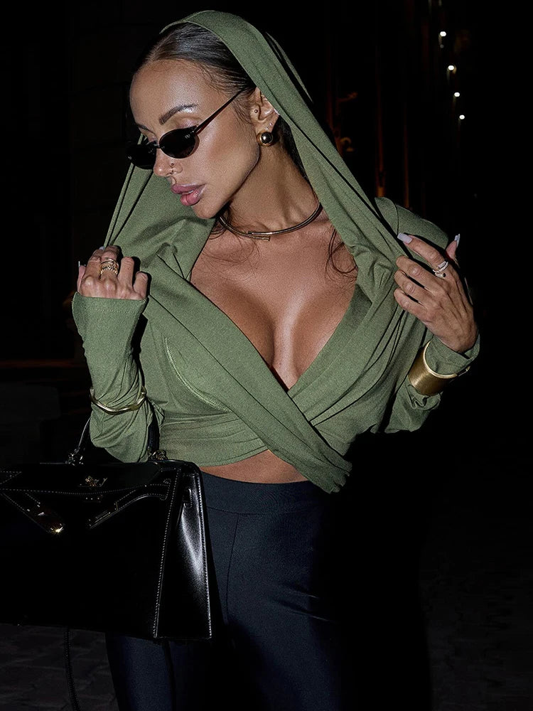 Use Your Imagination Hooded Drape Long Sleeve Blouse