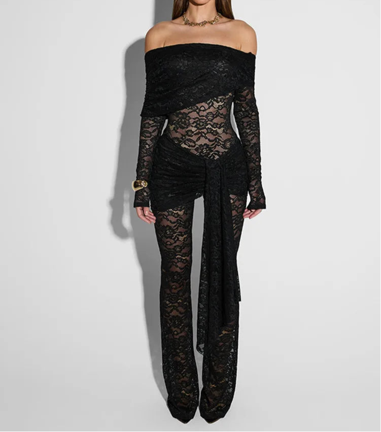 Unforgettable Nights Wrap Tie Waist Lace Vintage Jumpsuit
