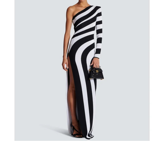 Fine Line Long Sleeve One Shoulder High Split Dress