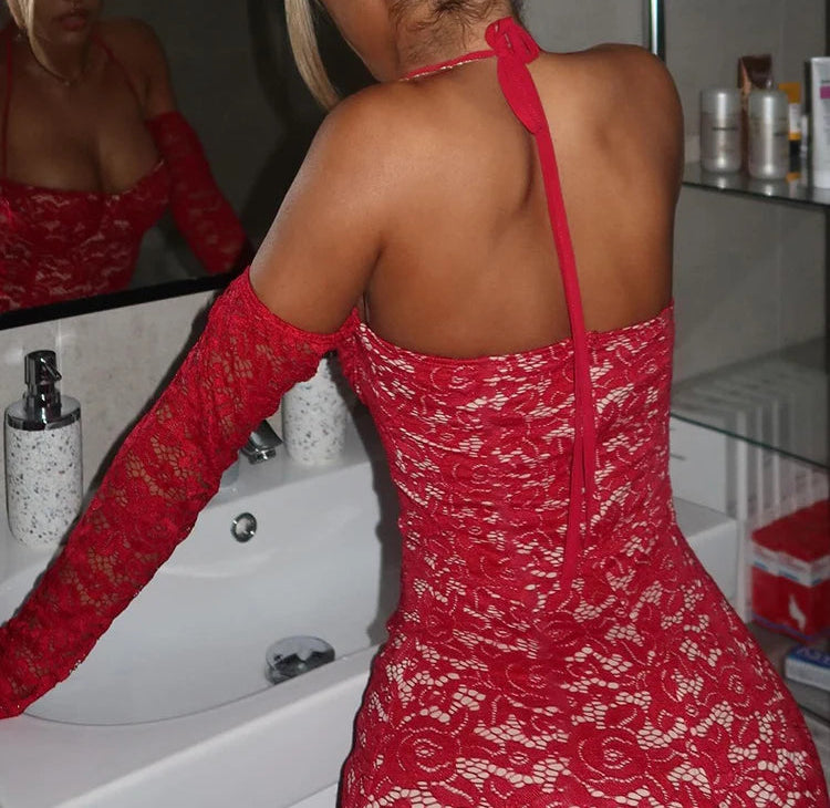 Cold Hearted Off-The Shoulder Lace Halter Dress