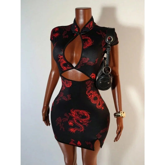 Secret Weapon Mandarin Collar Cutout Print Mini Dress