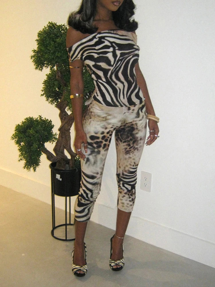 Queen of the Jungle Animal Print Off Shoulder Top Crop Pants Combo