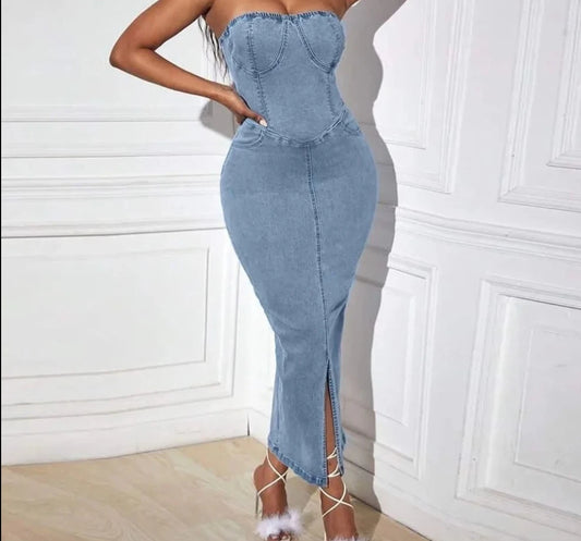 Lux Denim Tie-Back Strapless Dress