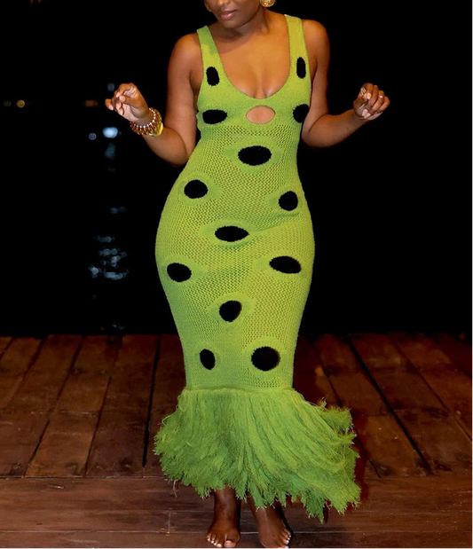 Go With The Flow Knit Polka Dot Fringe Maxi Dress