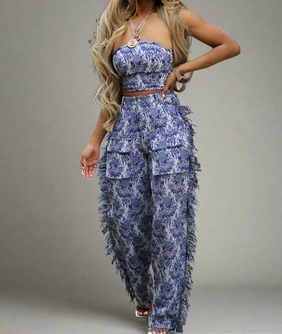 Nature of Women Floral Print Tube Top Wide Leg Cargo Pants Set