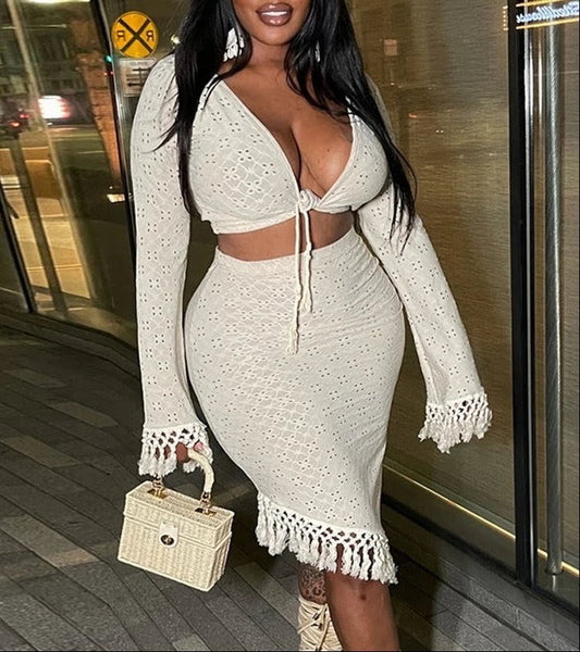 Sugar and Spice Fringe Long Sleeve + High Waist Skirt Combo